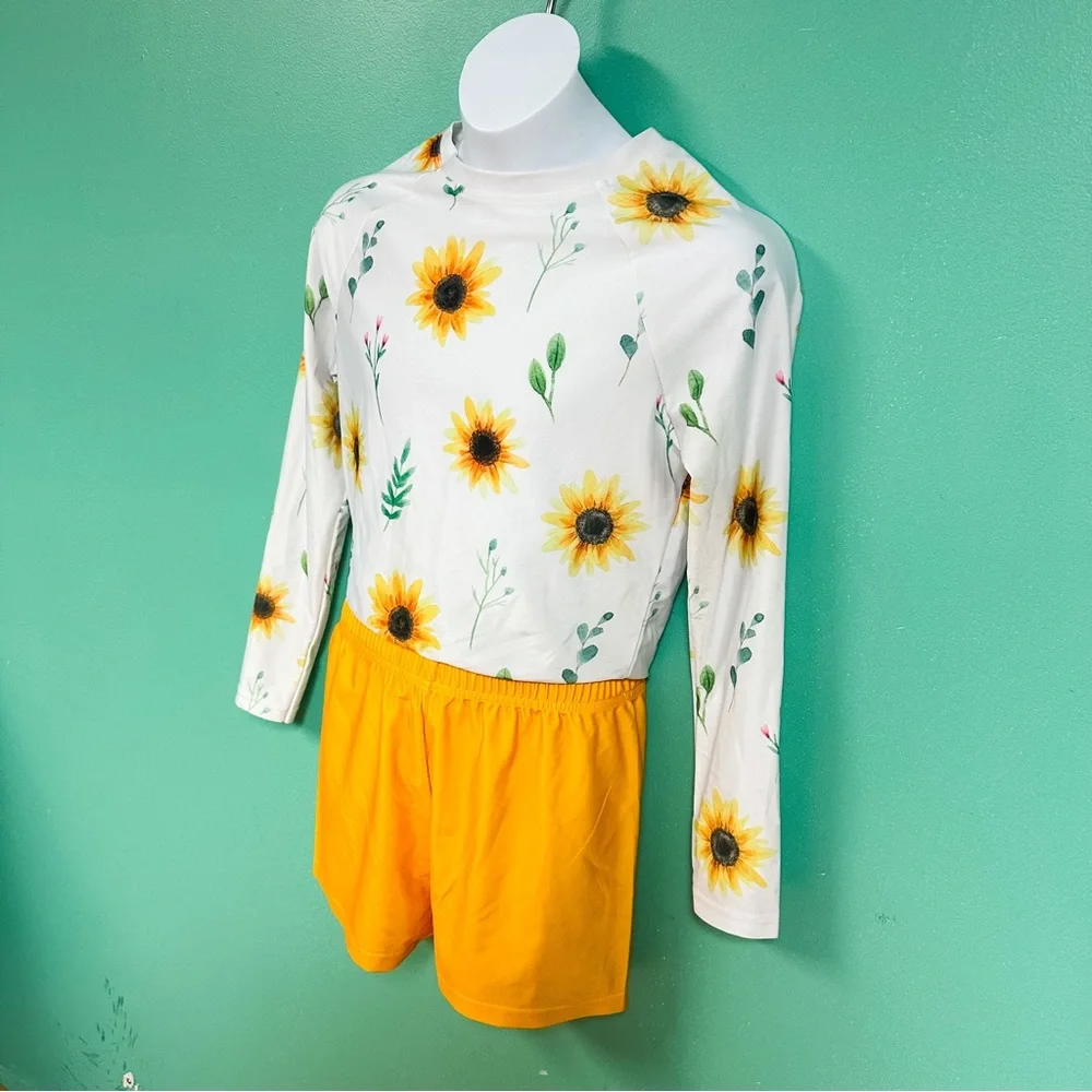 NWOT Pixie Girl 2-Piece Long Sleeve & Shorts Sunflower Rashguard Swimsuit 14/16